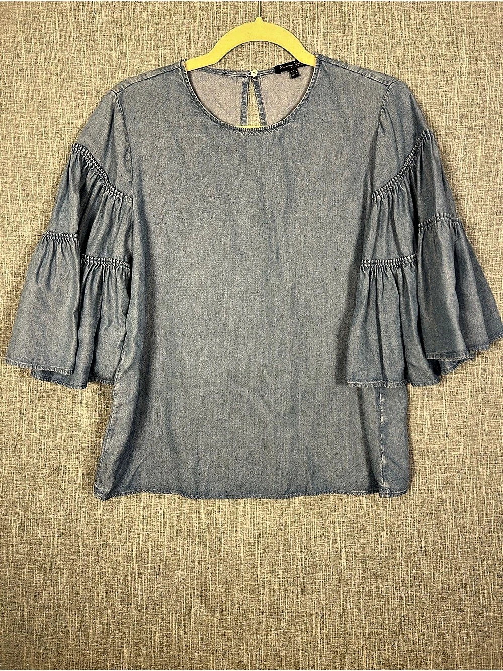 Massimo Dutti Denim Ruffle Sleeve Blouse Size Medium (8)